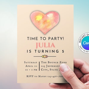 5th Birthday Party Invite, Girl&#39;s Heart Invitation, Instant Digital Download, Edit Canva Template