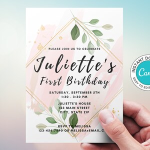 EDITABLE First Birthday Party Invitation, Watercolor Brushstroke, Gold Splatter, Digital Download, Edit Canva Template
