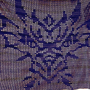 Può includere: Tessuto all'uncinetto blu navy con un motivo floreale. Il motivo traforato crea un aspetto delicato e arioso. I dettagli intricati del lavoro all'uncinetto sono visibili.