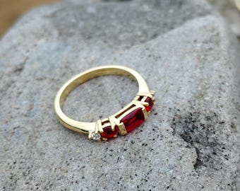 Emerald Cut Lab Created Ruby Solitaire Ring Yellow Gold Minimalist Ring Statement Art Deco Jewelry July Birthstone Anniversary Gift for Her