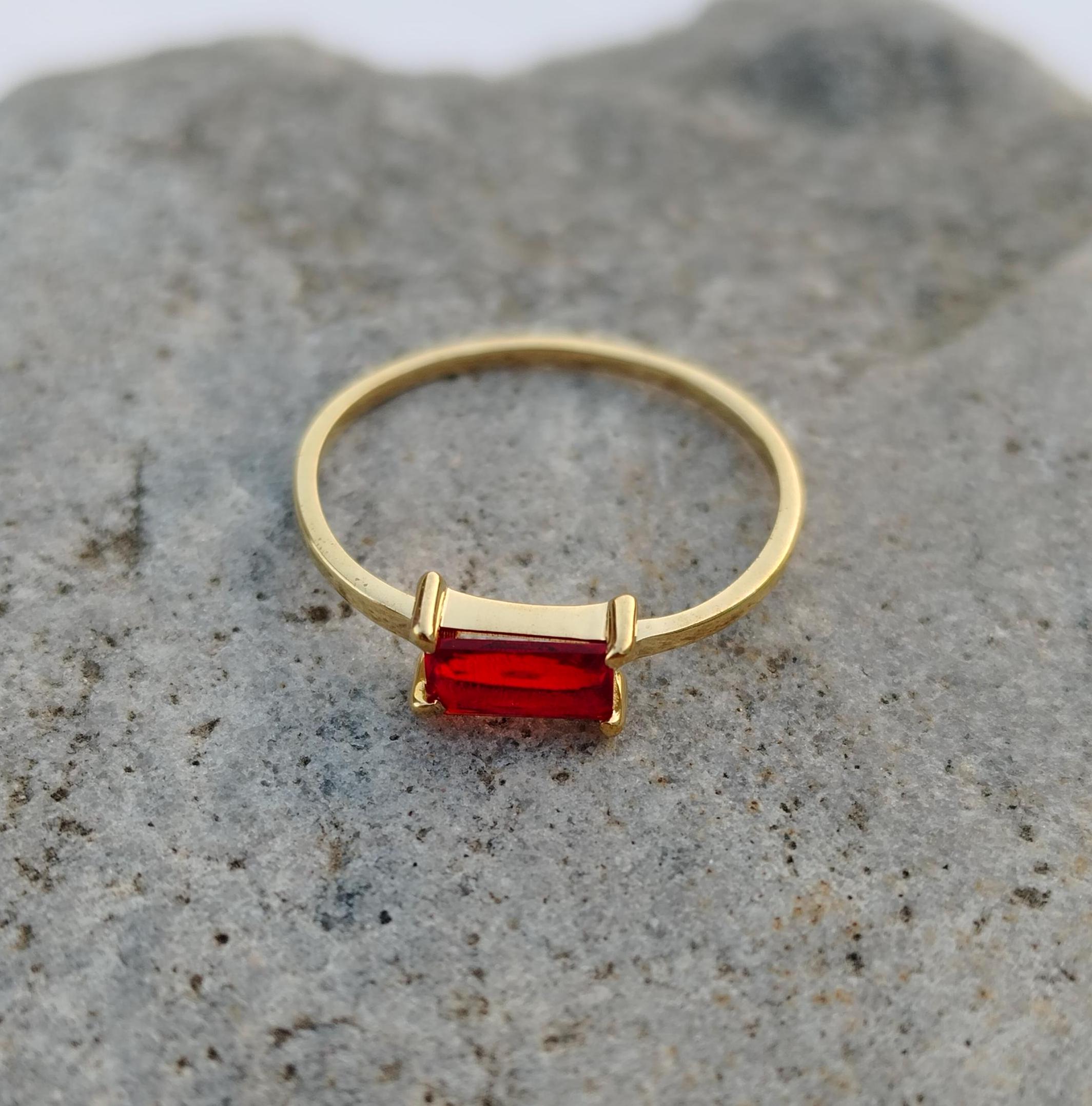 Emerald Cut Lab Created Ruby Solitaire Ring Yellow Gold Minimalist Ring Statement Art Deco Jewelry July Birthstone Anniversary Gift for Her