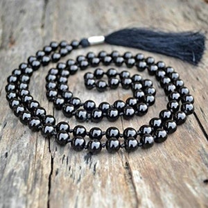 Raw black tourmaline mala pendant necklace rosary 108 prayer beads, natural genuine protection gemstone, Tourmaline Mala
