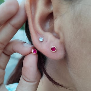 Round Cut Ruby Studs, Multi Stone Earrings, 14k Solid Gold Studs, Gemstone Minimalist Earrings, Bridal Gift, Red Earrings, July Birthstone