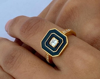 Black Color Enamel Ring with Square Diamond, Stylish Wedding Ring, 14k Solid Gold Middle Finger Ring, Solitaire Design Ring, Gift for Her