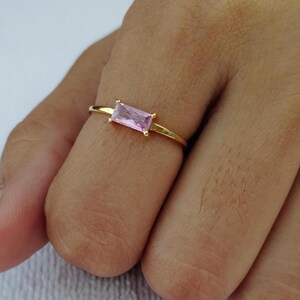 14K Pink Sapphire Baguette Ring, Real Gold Plating Ring, Pink Stone Ring, Stacking Ring, Rectangle Stone, Sapphire Stone, Step Cut Gemstone