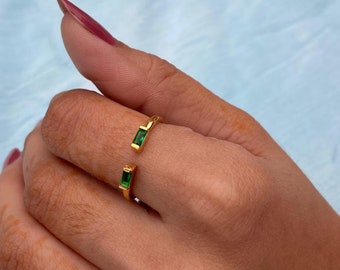 Genuine Emerald Cuff Ring, 925 Silver, 14K Gold Plating, Stackable Ring, Baguette Emerald Ring, Open Ring, Minimalist Anniversary Gift
