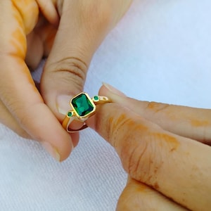Green Emerald Engagement Ring, 14K Gold Emerald Ring, Cubic Zirconia Bridal Ring, May Birthstone Promise Ring, Anniversary Gift For Her