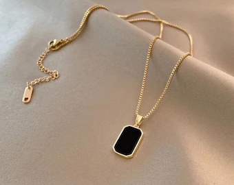 Black Onyx Necklace for Men, Black Onyx Stone Pendant, Personalized Men&#39;s Necklace, Custom Jewelry for Him Black Onyx Pendant-Emerald Cut