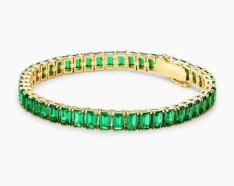 18K Emerald Tennis Bracelet,14K Gold Emerald Bracelet,14k Gold Prong Set Emerald Tennis Bracelet, Emerald Layering Bracelet For Women Gift