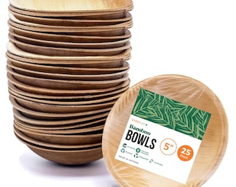 May include: A stack of round, light brown bamboo bowls with a natural wood grain texture. One bowl is placed in front with a label reading EYESY ECO Bamboo BOWLS 5 inch 25 Pack, featuring green leaf graphics and icons for eco-friendly features.