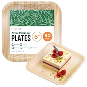 May include: A stack of square 6-inch Areca palm leaf plates in clear plastic packaging with a label reading EYESY ECO Areca Palm Leaf PLATES 50 Pack Made in Vietnam. A single square palm leaf plate holds a layered dessert topped with raspberries.