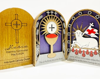 First Holy Communion Gift - Personalized Keepsake Devotional - Pocket or Desktop - Purple Background
