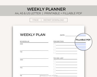 Weekly Planner Template, Printable Weekly Planner, Undated Weekly Planner, Minimalistic Weekly Planner, A4, A5, Letter, Instant Download