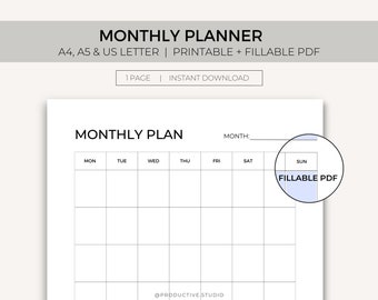 Monthly Planner Template, Printable Monthly Planner, Undated Monthly Planner, Minimalistic Monthly Planner, A4, A5, Letter, Instant Download