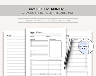 Project Planner, Printable Planner, Project Planner Printable, Action Tracker, Meeting Notes, A5, A4, US Letter Size, Instant Download
