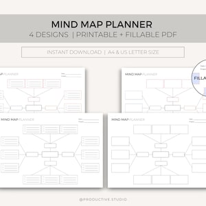 Puede incluir: Cuatro plantillas de planificador de mapa mental imprimibles en tamaño A4 y carta de EE. UU. Cada plantilla presenta un esquema de color y un diseño diferentes con casillas para escribir y conectar ideas. El texto "MIND MAP PLANNER" y "FILLABLE PDF" es visible en las plantillas.
