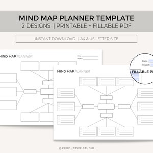 May include: Two printable mind map planner templates in black and white. The first template has a simple branching structure with boxes for writing. The second template has a more complex branching structure with lines for writing.