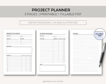 Planificador de proyectos, Planificador de proyectos mínimos, Planificador de productividad, Planificador de trabajo, Plantilla de planificador de proyectos, A4/A5/Carta, Descargar al instante