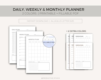 Planificador diario, planificador semanal, planificador mensual, planificador imprimible, conjunto de planificadores, paquete de planificador imprimible, planificador sin fecha, A4, A5, carta