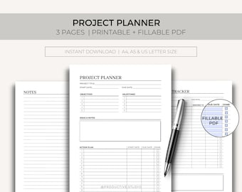 Planificador de proyectos, Planificador de productividad, Planificador de trabajo, Planificador imprimible, A4 editable, A5, Carta de EE. UU., Plantilla digital, Descarga instantánea