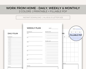 Work From Home, Daily Planner, Weekly Planner, Monthly Planner, Productivity Planner, Minimalistic Planner Template, A4, A5, US Letter
