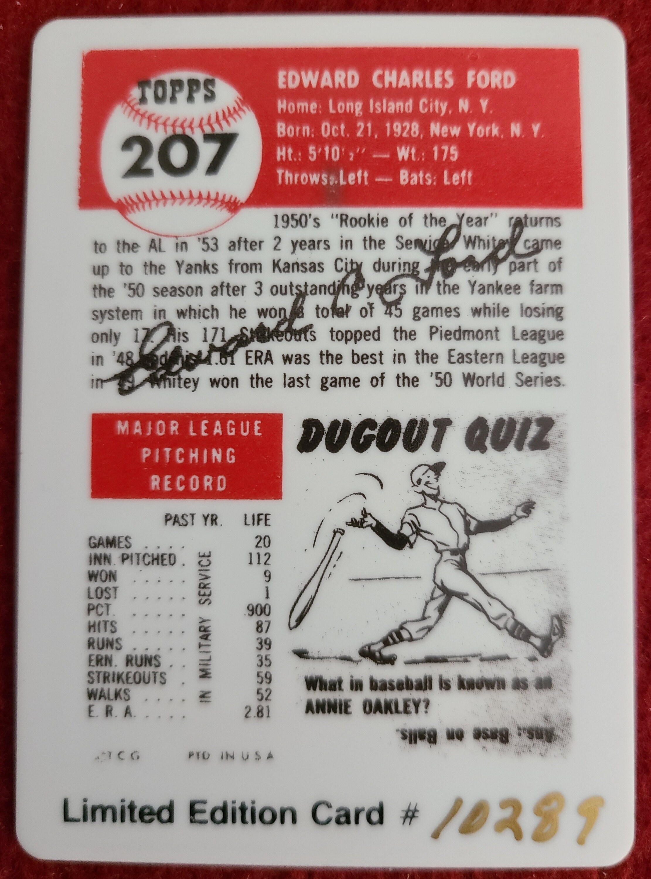 Whitey Ford NY Yankees 1989 Bowman Reprint Insert Autographed & 1993