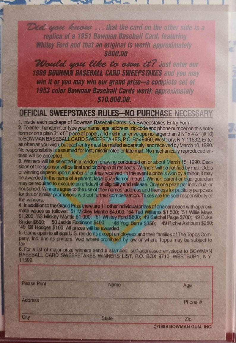 Whitey Ford NY Yankees 1989 Bowman Reprint Insert Autographed & 1993