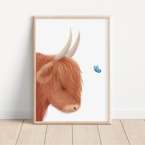 May include: A digital illustration of a Highland cow with a fluffy brown coat and a blue butterfly flying nearby. The cow is looking to the right of the image.