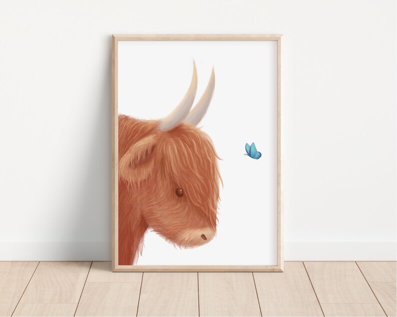 May include: A digital illustration of a Highland cow with a fluffy brown coat and a blue butterfly flying nearby. The cow is looking to the right of the image.