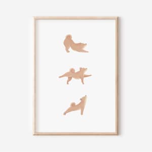 Dog Yoga Wall Art, Shiba Inu Art Print, Japandi Home Decor, Dog Illustration Print