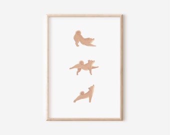 Dog Yoga Wall Art, Shiba Inu Art Print, Japandi Home Decor, Dog Illustration Print
