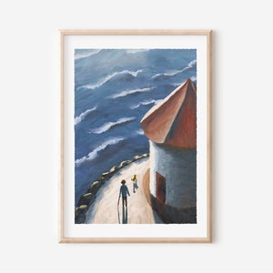 Coastal Seaside Cottage Wall Art, Oceanic Landscape Painting, Instant Download, Print at Home