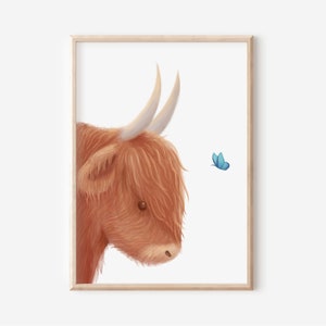 May include: A digital illustration of a brown Highland cow with a blue butterfly flying to the right of the cow's head. The cow is looking down and to the left. The background is white.