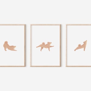 Dog Yoga Wall Art, Shiba Inu Art Print, Japandi Home Decor, Printable Wall Art Set of 3