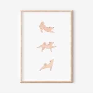 Cream and White Shiba Inu Yoga Poses Wall Art, Illustrated Japandi Zen Dog Art Print, Instant Download