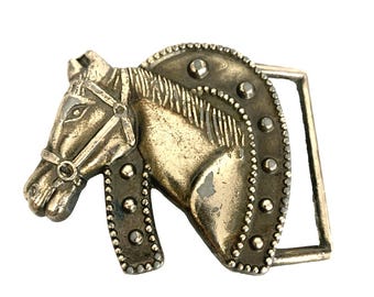 Vintage Pferdekopf Hufeisen Gürtelschnalle Silber Ton im Western Stil