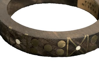 Vintage Holz & Messing eingelegte Armreif • Handgefertigt Indien • Boho Handwerker Schmuck