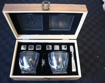 Whiskoff Whiskey Glass Gift Set 2 Glasses, Ice Rocks, Slate Coasters, Tongs