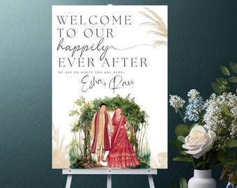 Indian Wedding Welcome Sign with Couple Illustration | Hindu Wedding Signs | Digital