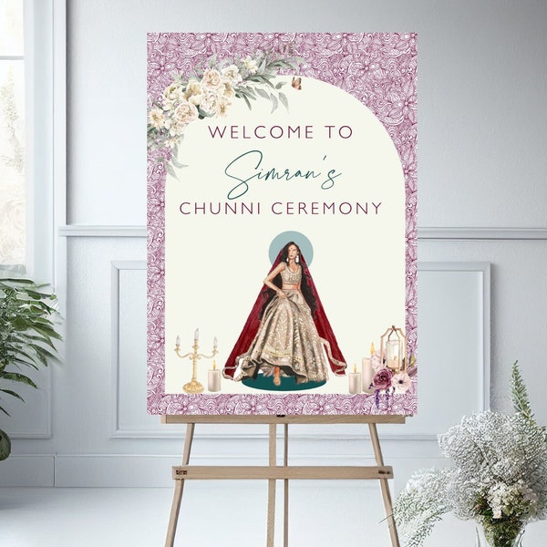 Indian Wedding Welcome Sign | Indian Bride Illustration | Modern | Contemporary | Indian Wedding Signs | Floral | Digital | Mehndi | Chunni