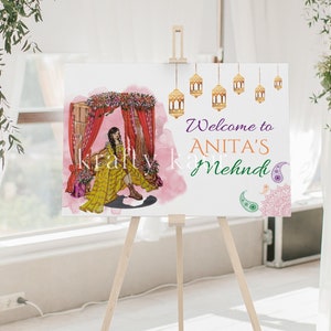 Mehndi Wedding Welcome Sign - Indian Bride Illustration - Sikh Punjabi Hindu Muslim Wedding Sign, Digital Copy