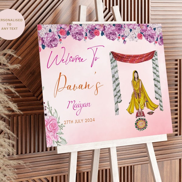 Punjabi Maiyan Welcome Sign, with Punjabi Bride Illustration, Haldi Ceremony - Digital