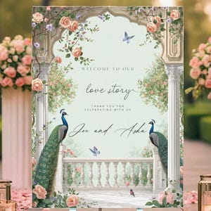Puede incluir: Un letrero de bienvenida de boda con un dise&ntilde;o floral y de pavo real. El letrero dice "Bienvenido a nuestra historia de amor" e incluye los nombres "Joe y Asha". El letrero se muestra en un caballete blanco, rodeado de velas y p&eacute;talos de rosa.