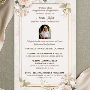 May include: A funeral announcement card with a portrait of a woman, floral decorations, and gold framing. The card features text in English and another language, detailing the funeral service's date and times.