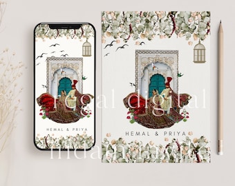 May include: A digital wedding invitation with a white background featuring a couple in traditional Indian attire standing in front of a blue door with ornate details. The invitation includes the names "Hemal & Priya" and a floral border.
