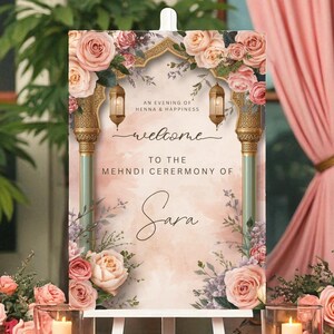 Indian Wedding Welcome Sign | Regal Arch with Lanterns | Modern | Contemporary | Indian Wedding Signs | Floral | Digital | Mehndi | Chunni