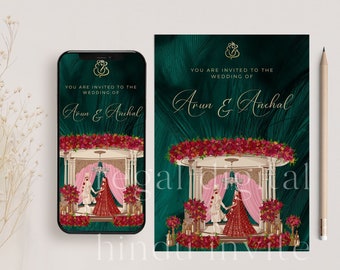 May include: A digital wedding invitation with a green background and gold accents. The invitation features a traditional Indian wedding ceremony with a couple standing under a floral canopy. The text reads "You are invited to the wedding of Arun & Anchal".