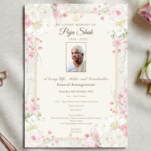 ヒンドゥー教の葬儀プログラム案内招待状テンプレート、葬儀の詳細をデジタルで作成、WhatsAppで送信、すぐにダウンロード、Canvaでセルフ編集