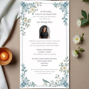 May include: An invitation card with a floral border in shades of blue and white, featuring text and a photo of a woman. The card is for a memorial service, with details including the date, time, and location.