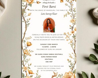 May include: An invitation card with floral and botanical elements. The text reads "First Barsi" and includes details about a memorial service. The card features a portrait and is decorated with watercolor-style flowers in shades of yellow and green.